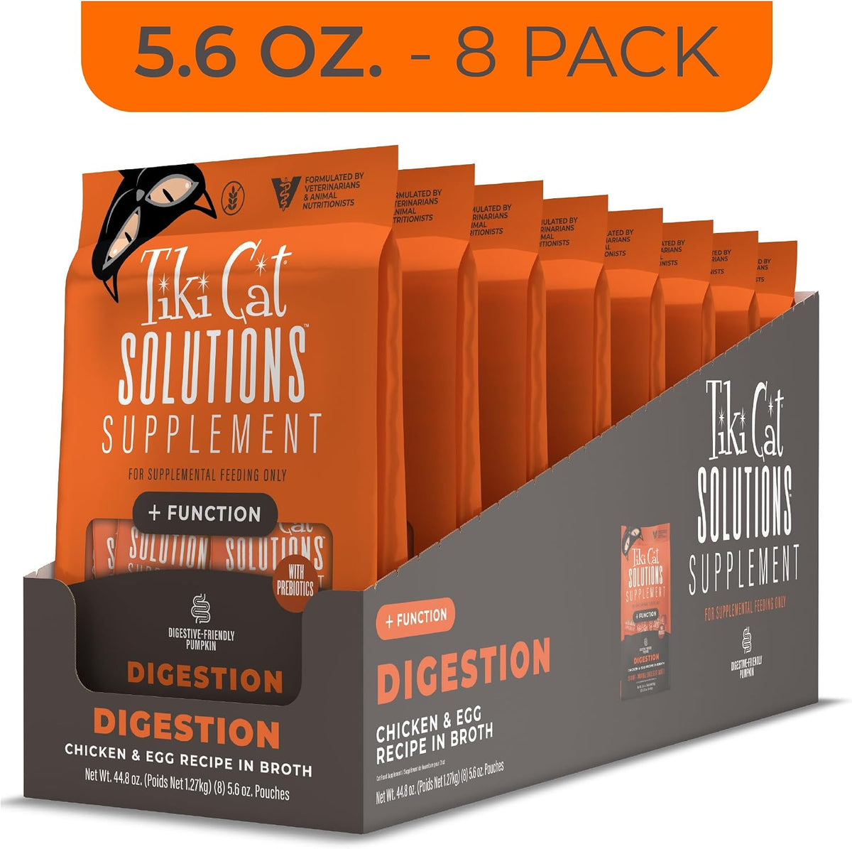 Tiki Cat Solutions Digestion Supplement single-serve sachets arranged on a white background.