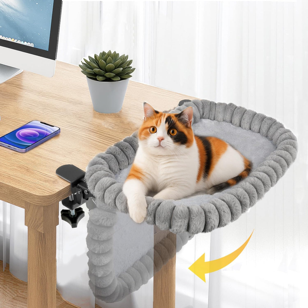 Pawow X-Large Cat Desk Bed front view mounted on office desk