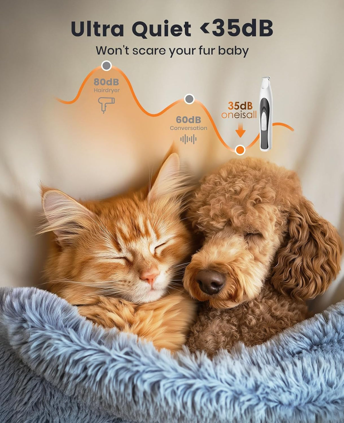 Cordless electric pet clipper showing the twenty millimeter wide blade head