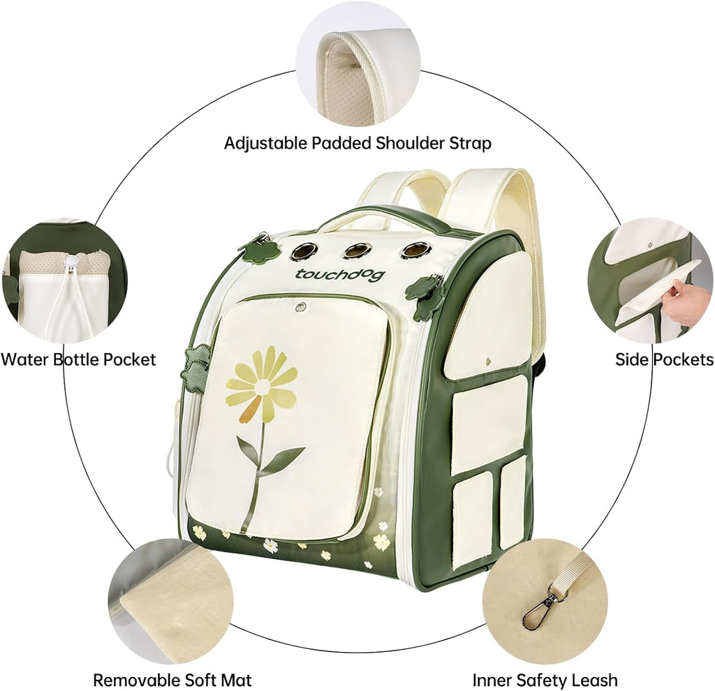 Touchdog small animal travel backpack angled view illustrating the spacious interior compartment for small pets.