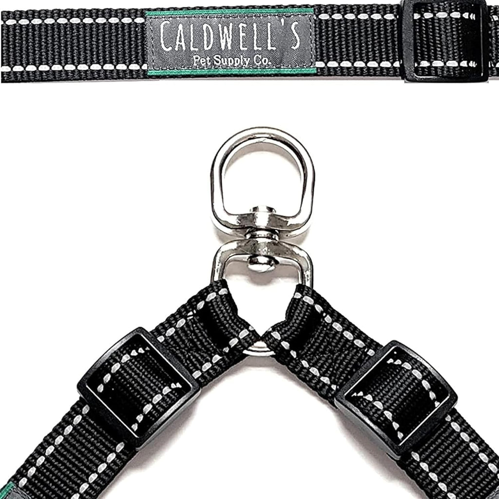 Caldwell's Pet Supply Co. adjustable dual dog leash attachment layout with hardware clasps.