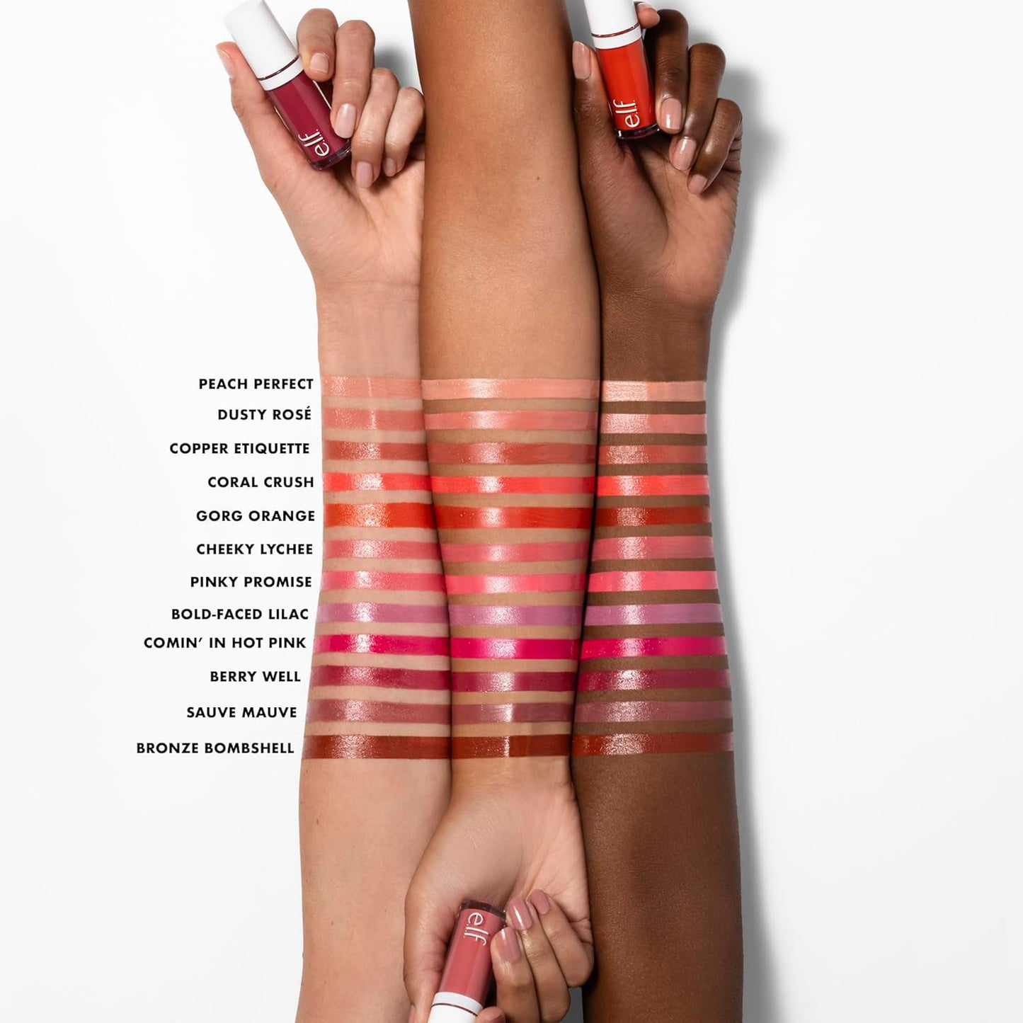 Swatch of the lightweight buildable dewy finish cheek makeup on a neutral skin tone background.