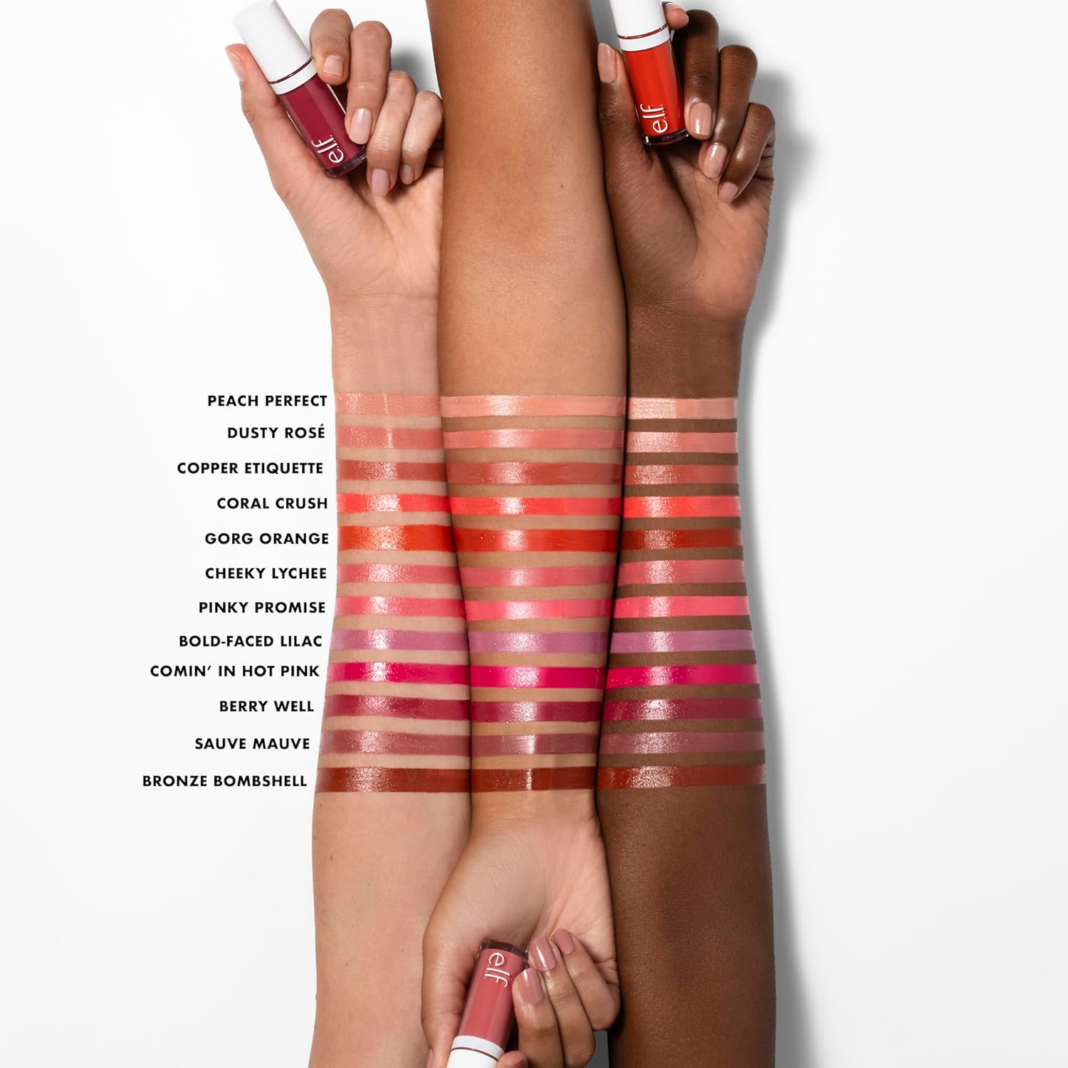 Swatch of the lightweight buildable dewy finish cheek makeup on a neutral skin tone background.