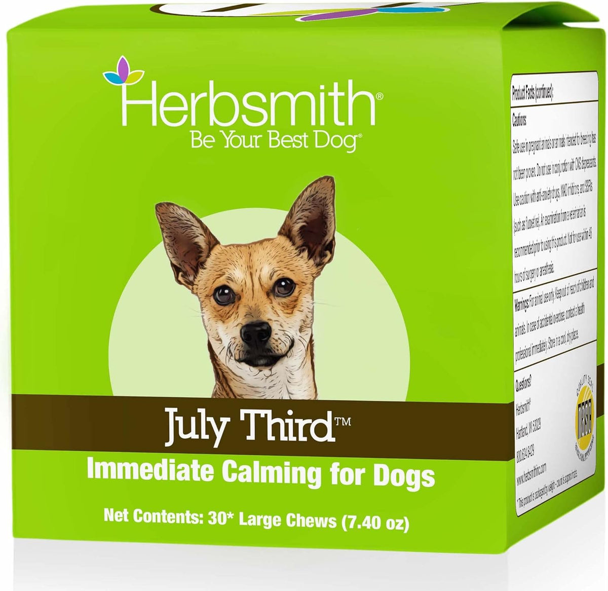 Herbsmith July Third canine calming chews front view bottle for dog anxiety relief.