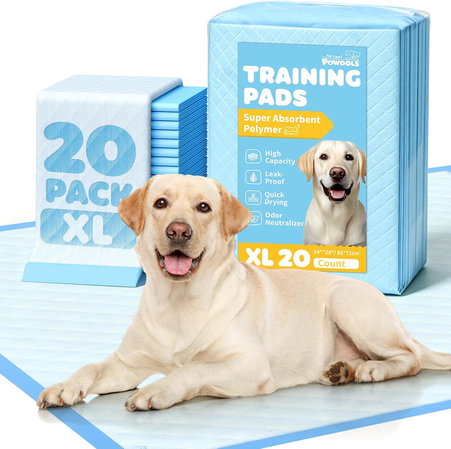 Powools extra large puppy training pads front package view featuring twenty count disposable sheets