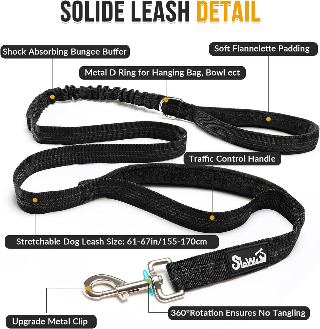 SlowTon elastic bungee dog leash showing the dual padded control handles and 360 degree swivel metal hook.