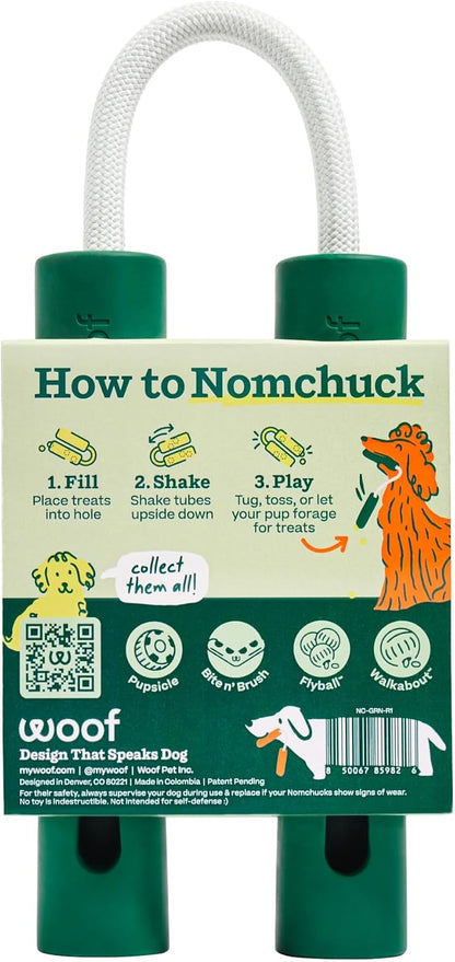 WOOF Nomchucks interactive treat dispensing dog toy with treats inside the chambers