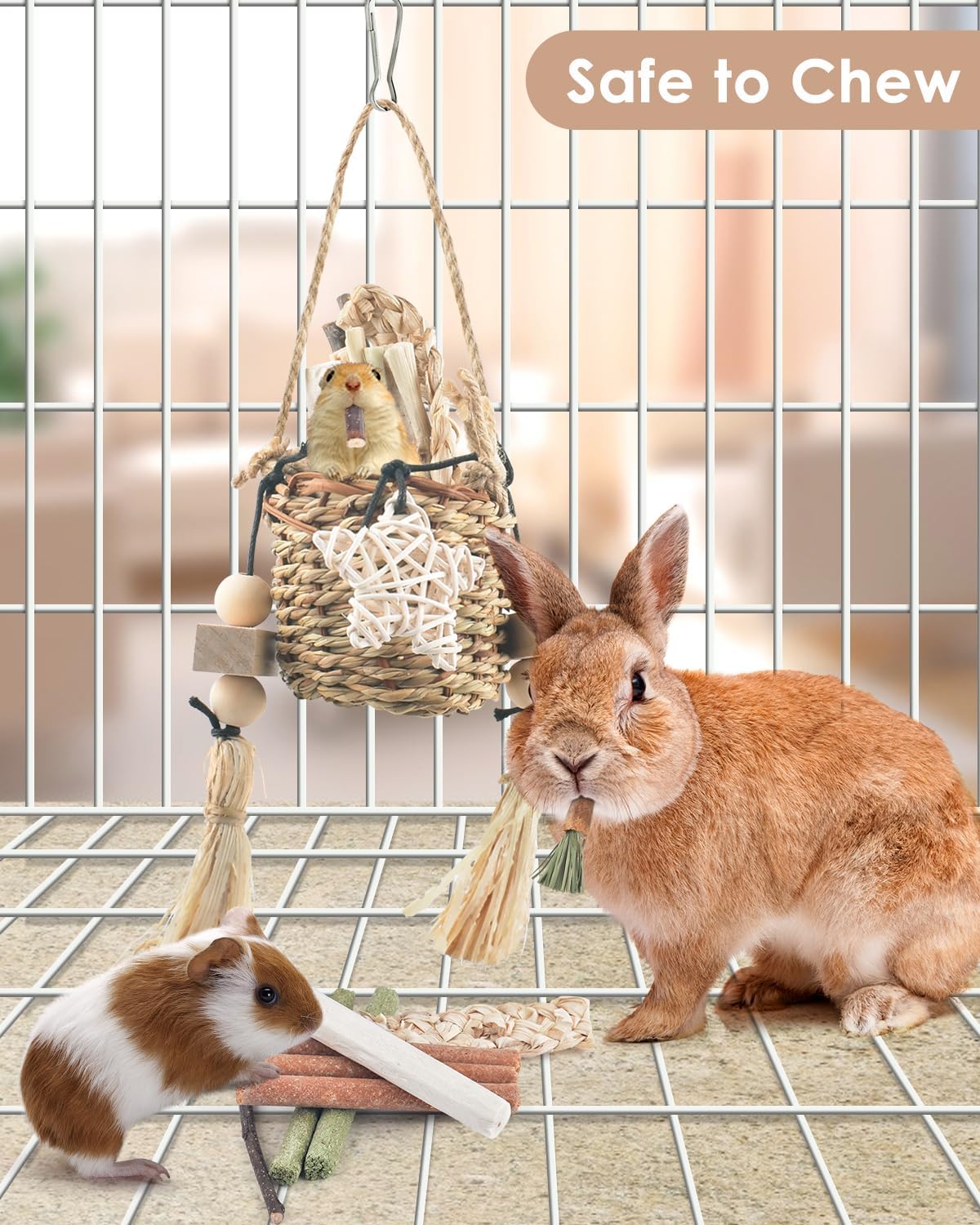 Handcrafted woven seaweed pet treats basket hanging in a rabbit enclosure