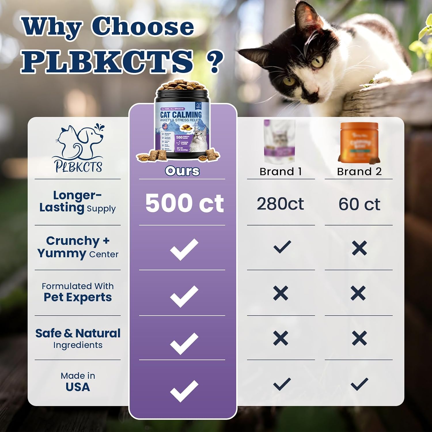PLBKCTS Weallin anxiety relief chews size comparison next to a standard cat kibble.