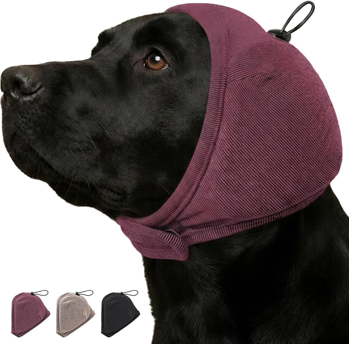 Nanaki thick no shake dog ear wrap front view protecting a dog from loud noises.