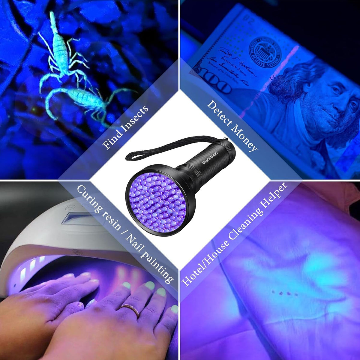 Grace Marci 395nm blacklight flashlight verifying the built in security features on official paper currency.