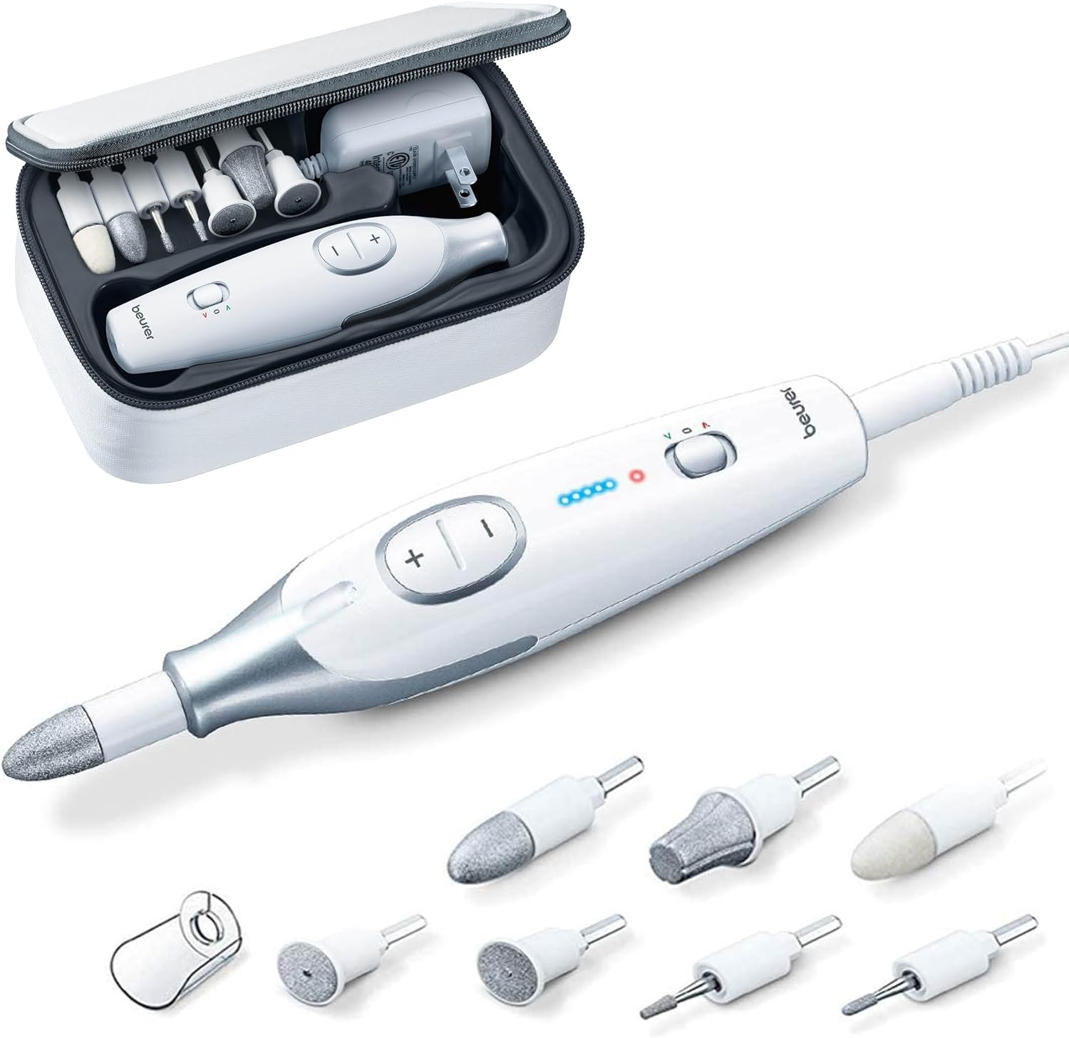 Beurer MP 42 Manicure Pedicure Kit white electric nail file device front view with attachments