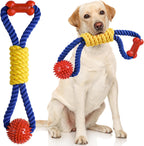 Aitmexcn interactive dog rope toy front view featuring colorful braided cotton strands and rubber spikes.