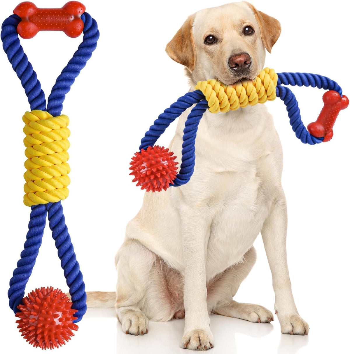 Aitmexcn interactive dog rope toy front view featuring colorful braided cotton strands and rubber spikes.