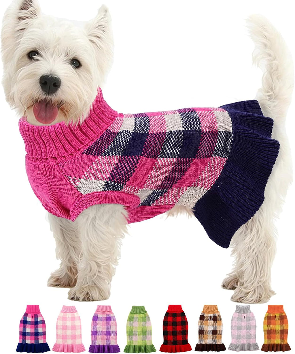 Dog Sweater Dress Plaid Knitwear for Small Medium Dogs Warm Puppy Pet Turtleneck Stretch Pullover Cute Fall Winter Vest Clothes with Leash Hole for Christmas (Pink, XS) - Image 11