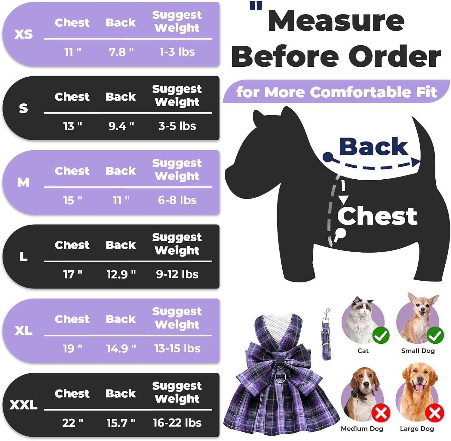 Small breed puppy wearing a purple princess dress harness with matching leash.