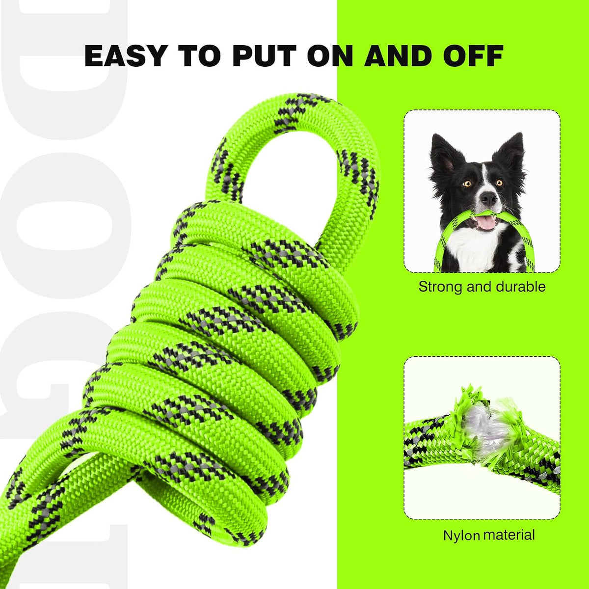 Lynxking reflective nylon rope slip lead showing the 2-in-1 collar loop mechanism for training.
