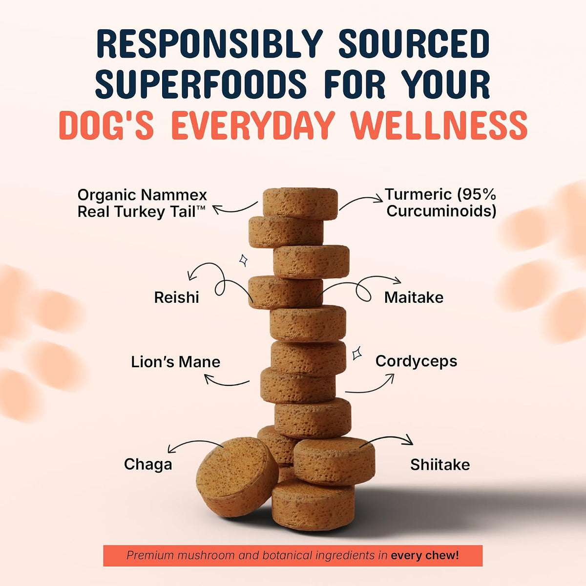 USA manufactured organic mushroom chews for dogs of all breeds and sizes.