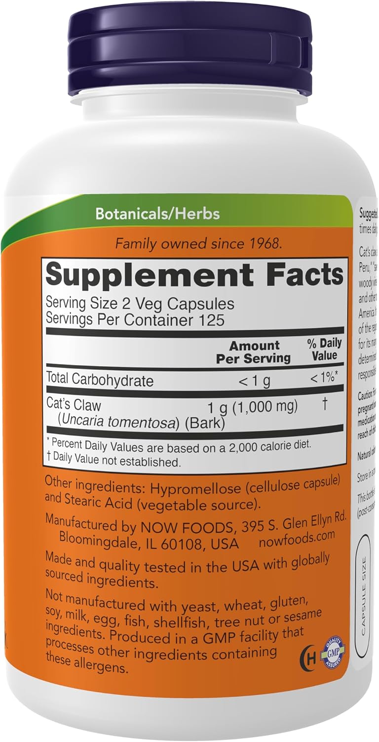 Now Foods Cat's Claw 250 vegetable capsules supplement label details