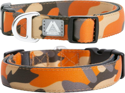 JC House soft padded dog collar in camo orange