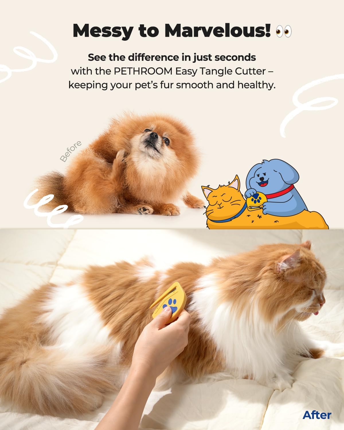 PETHROOM dog and cat knot remover ergonomic yellow and blue handle