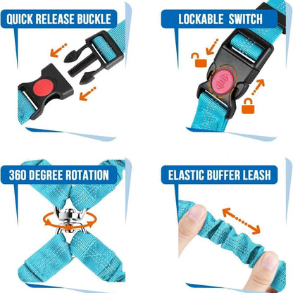 Reflective stitching detail on Sky Blue dog car safety leash