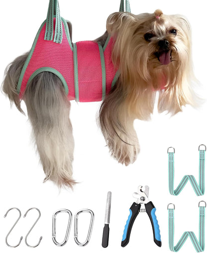 Adjustable wide strap restraint mechanism of the grooming sling