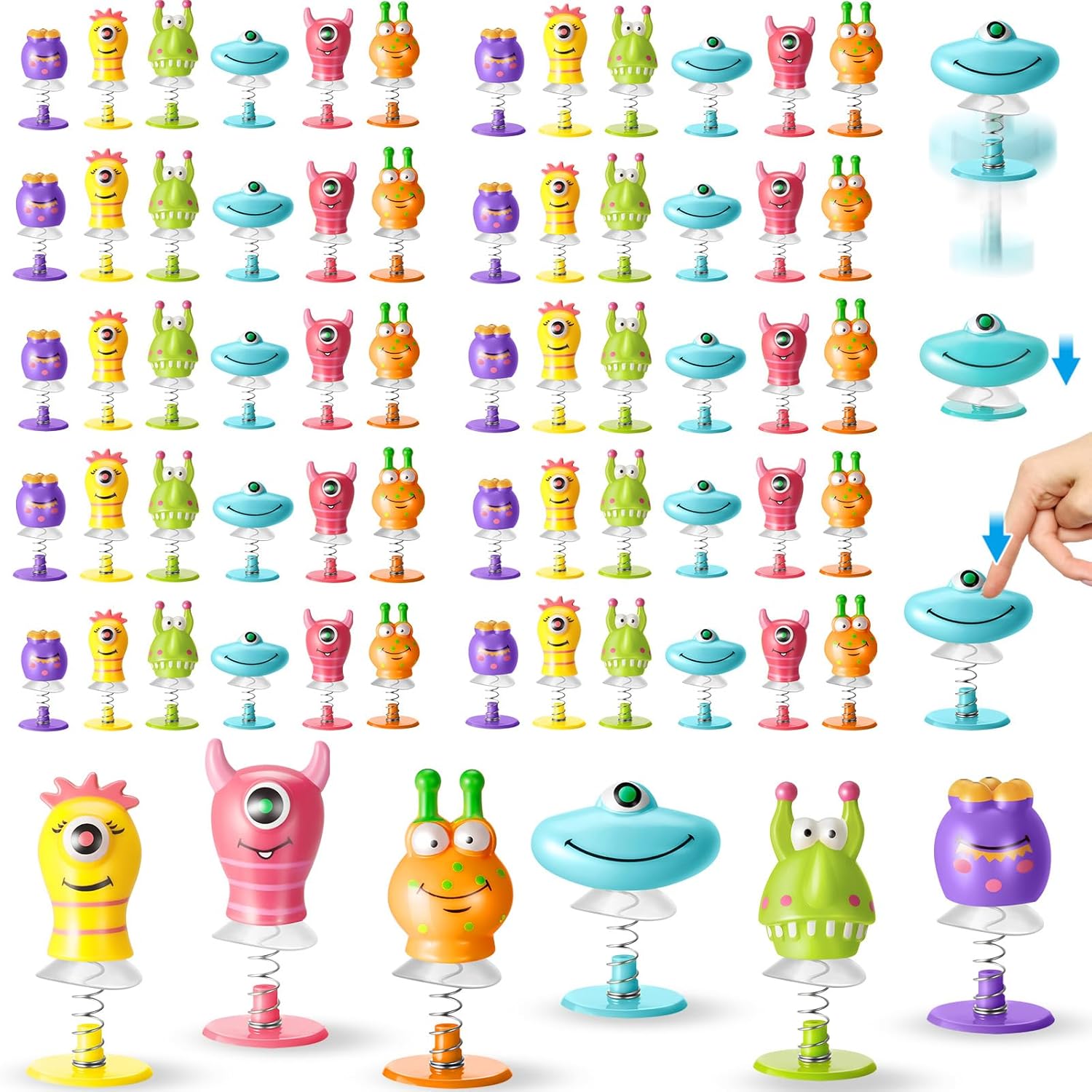 Deekin big eye animal spring launcher toys front view assortment showcasing six colorful monster styles