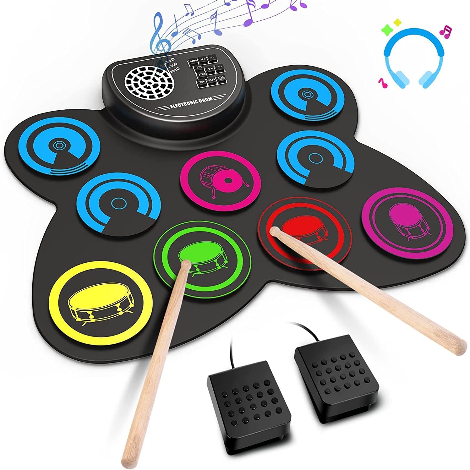 EKEMOND 9-Pads Electronic Drum Set front view showing the digital control panel and colored drum pad layouts.
