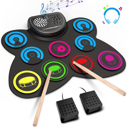 EKEMOND 9-Pads Electronic Drum Set front view showing the digital control panel and colored drum pad layouts.