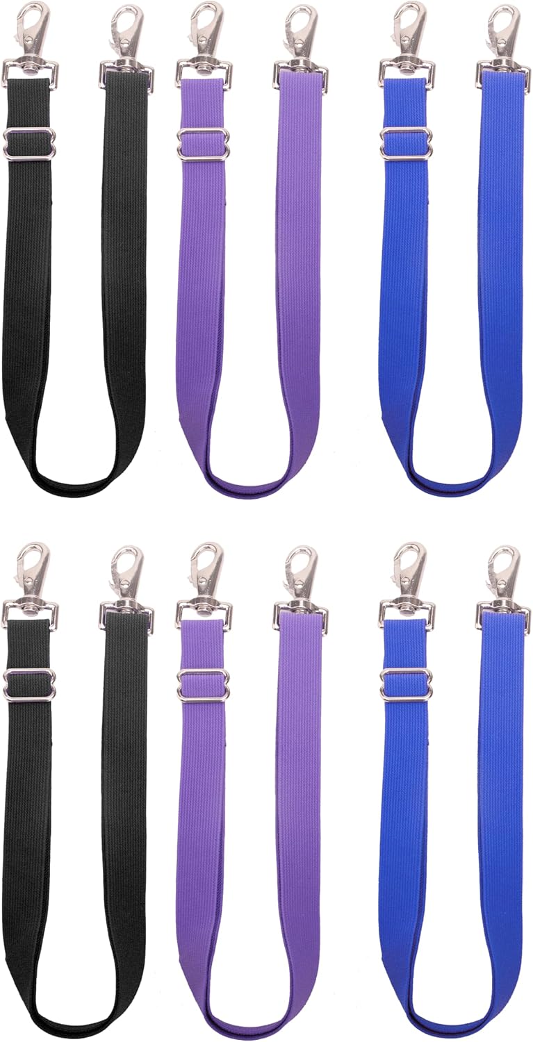 Loaged adjustable elastic horse blanket leg straps front view showing multiple colors