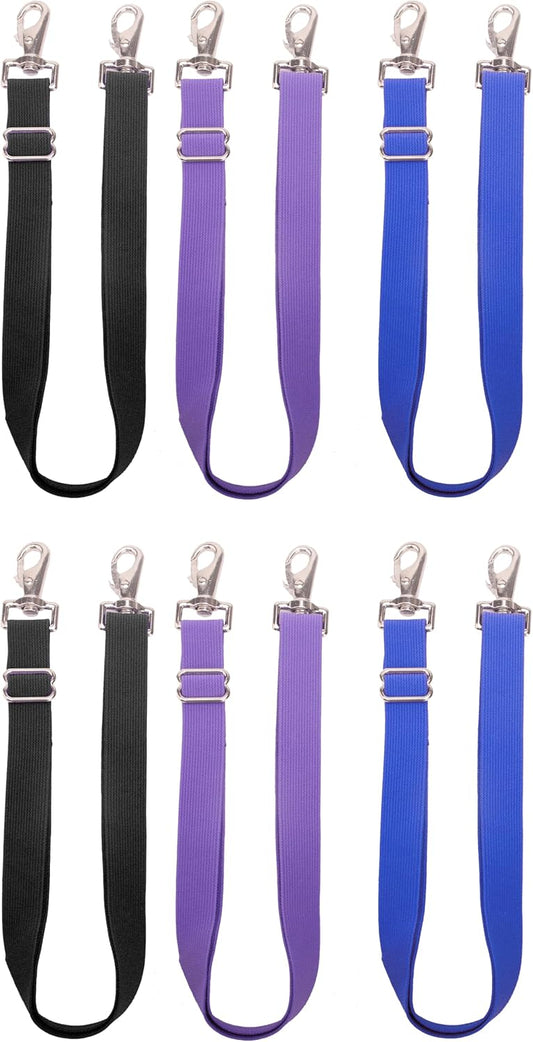 Loaged adjustable elastic horse blanket leg straps front view showing multiple colors