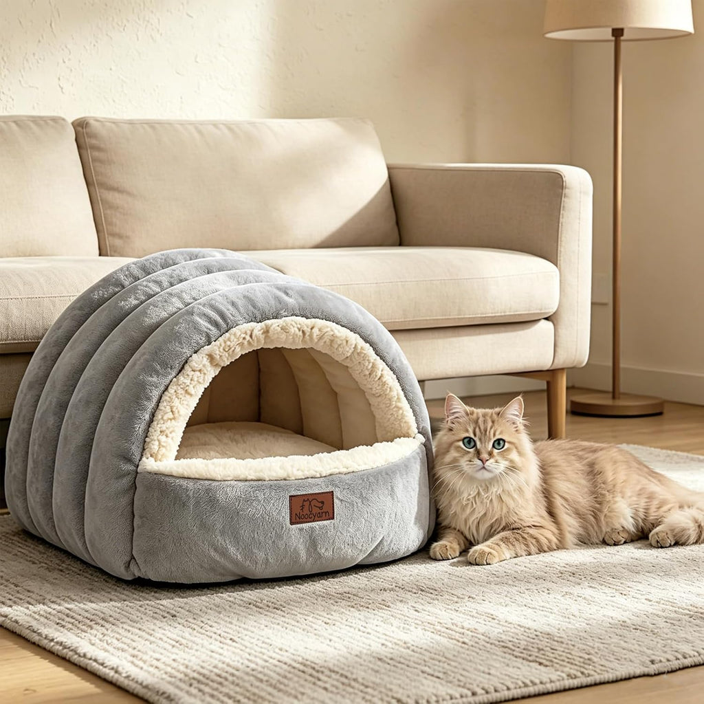 Covered Cat Bed Cave for Indoor Cats, 2-in-1 Enclosed Pet Bed for Small Dogs and Kittens with Zippered Washable Cat Mats, Cat House Bed, Grey - Image 9