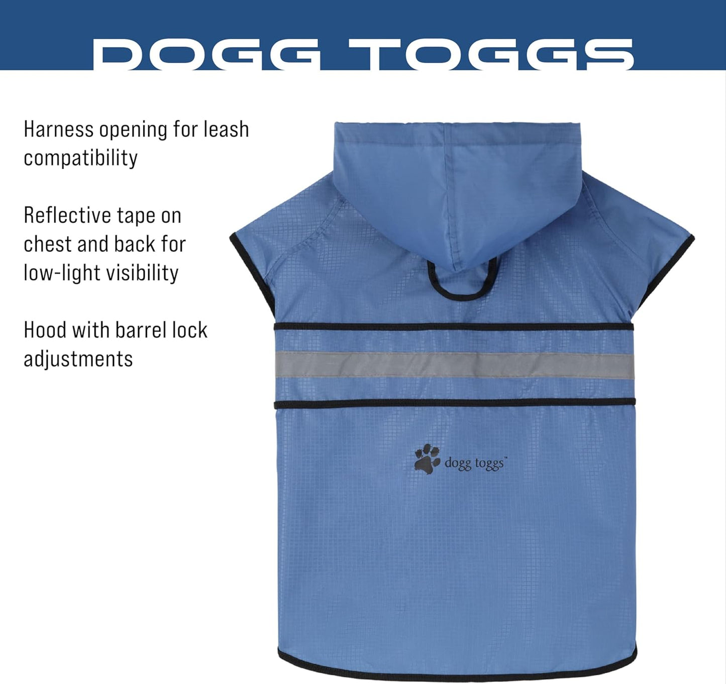 Side profile of blue Frogg Toggs pet rain suit highlighting the safety reflective strip.