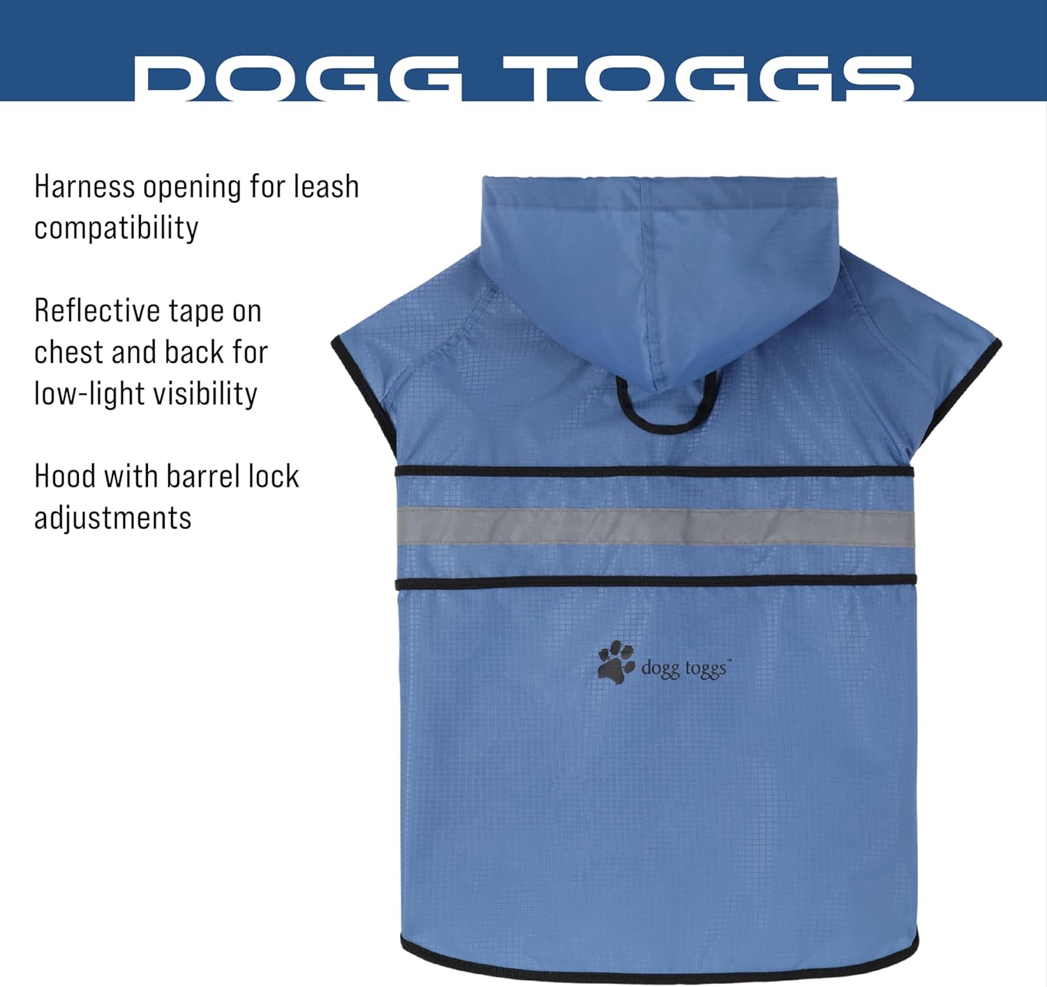 Side profile of blue Frogg Toggs pet rain suit highlighting the safety reflective strip.