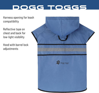 Side profile of blue Frogg Toggs pet rain suit highlighting the safety reflective strip.