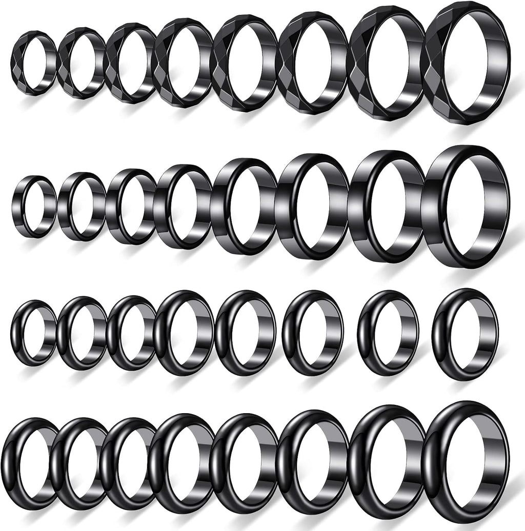 Hicarer 32 Pieces Genuine Hematite Rings Set front view showing polished black stone bands.