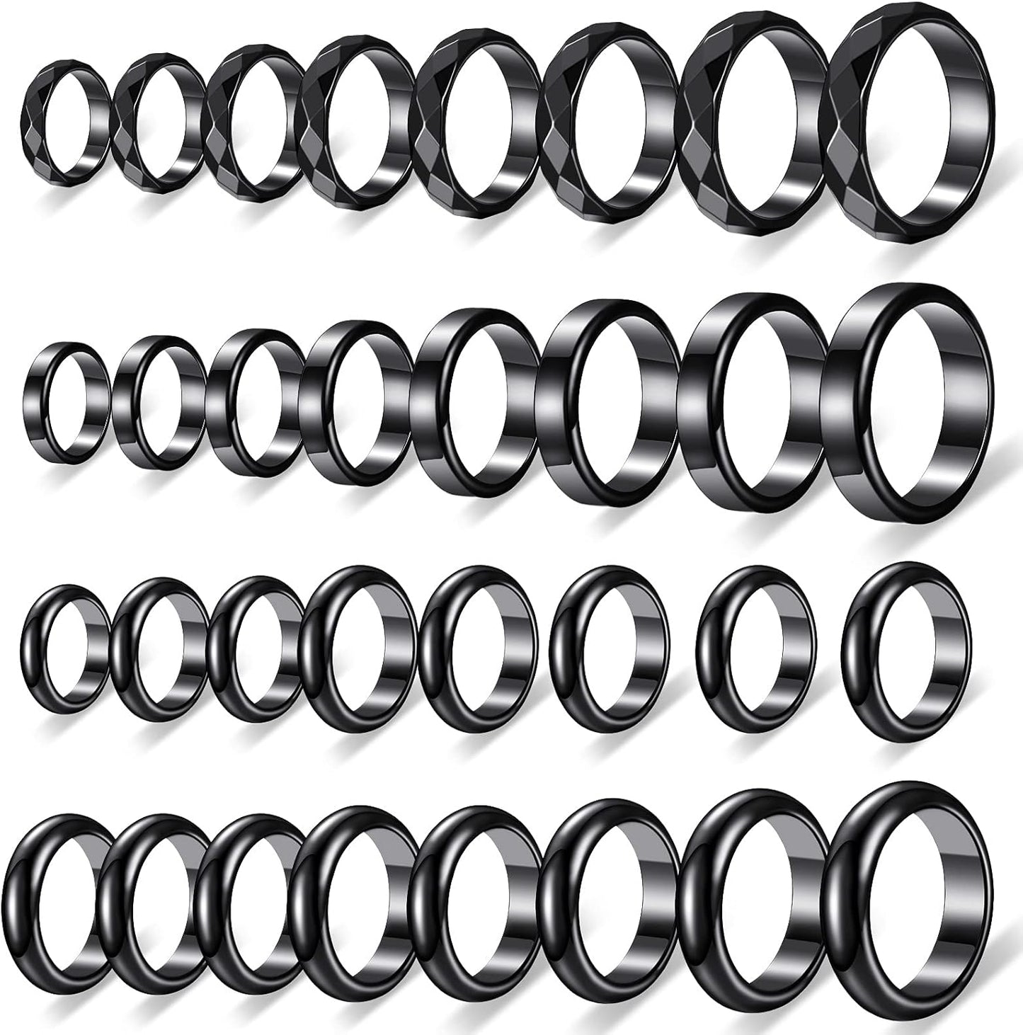 Hicarer 32 Pieces Genuine Hematite Rings Set front view showing polished black stone bands.