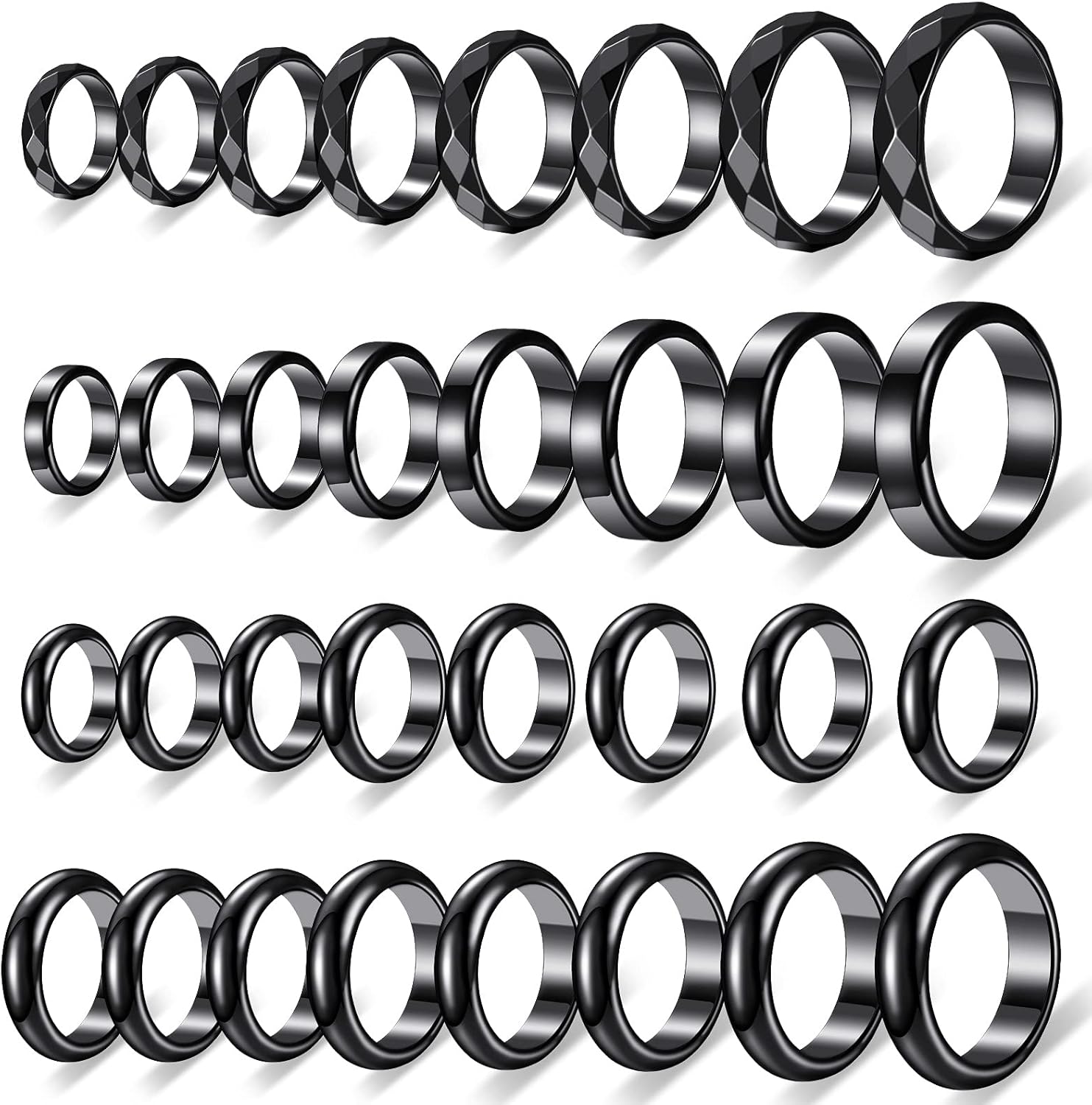 Hicarer 32 Pieces Genuine Hematite Rings Set front view showing polished black stone bands.