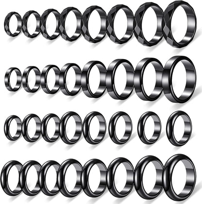 Hicarer 32 Pieces Genuine Hematite Rings Set front view showing polished black stone bands.