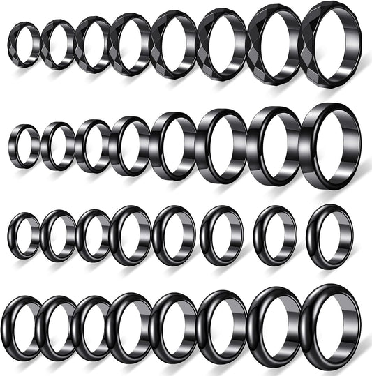 Hicarer 32 Pieces Genuine Hematite Rings Set front view showing polished black stone bands.