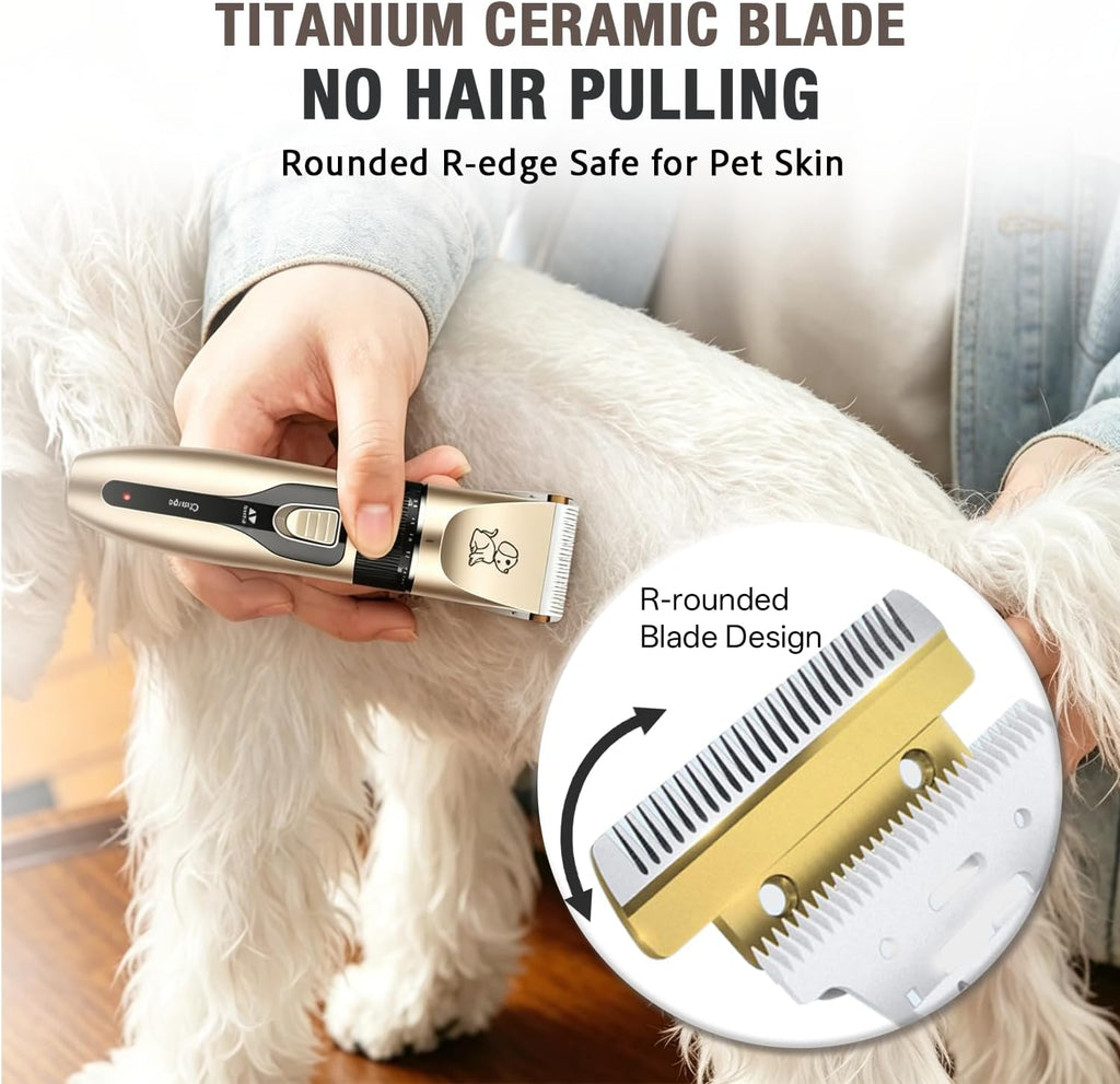 Professional electric dog clipper set showing ceramic blades