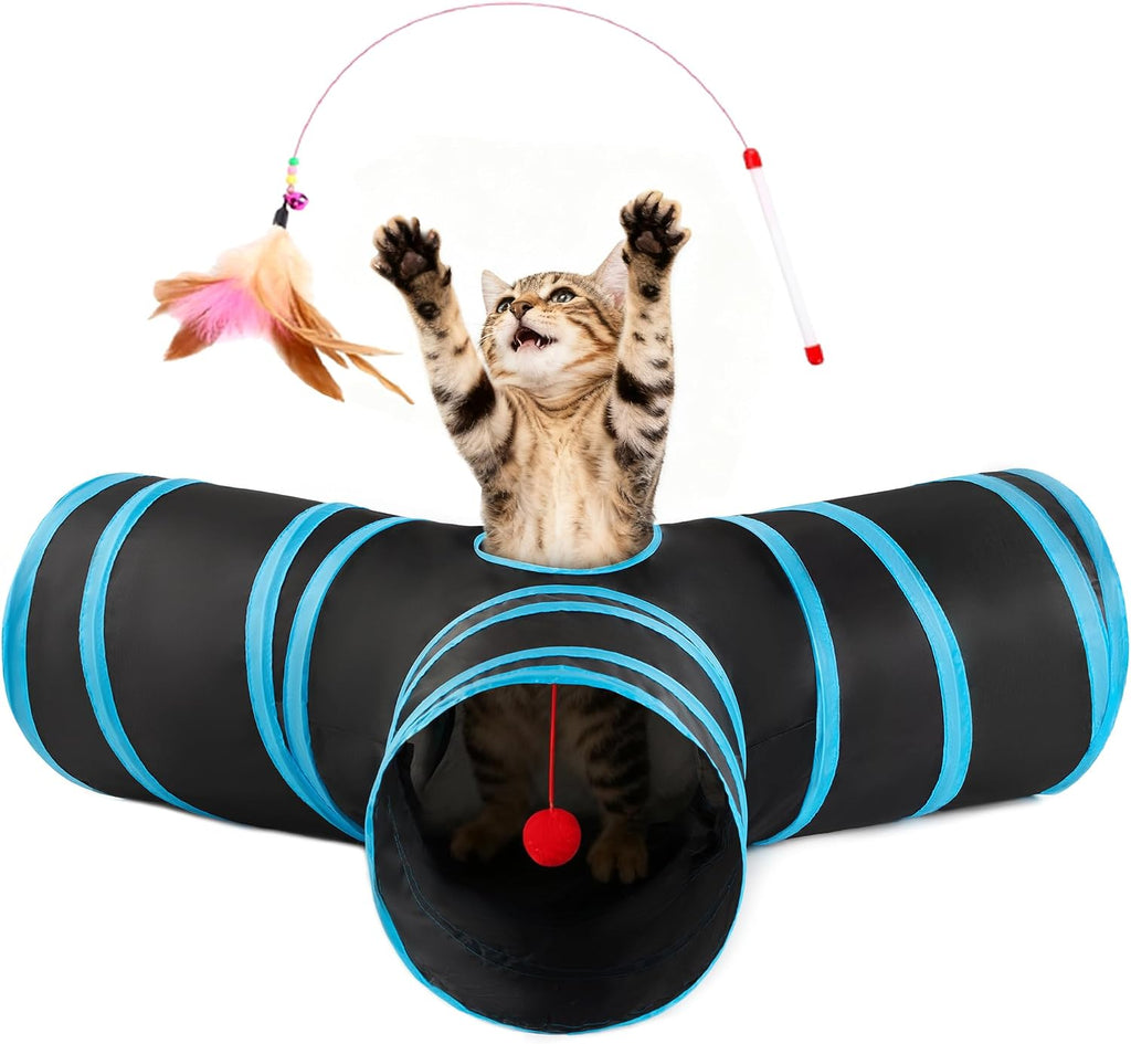 Love's Cabin Cat Tunnel for Indoor Cats, 3-Way Collapsible Play Tunnel with Teaser Wand, Peek Holes & Toy Ball, Small Pet Toy for Kittens & Rabbits, Black & Blue, Small Size - Image 13