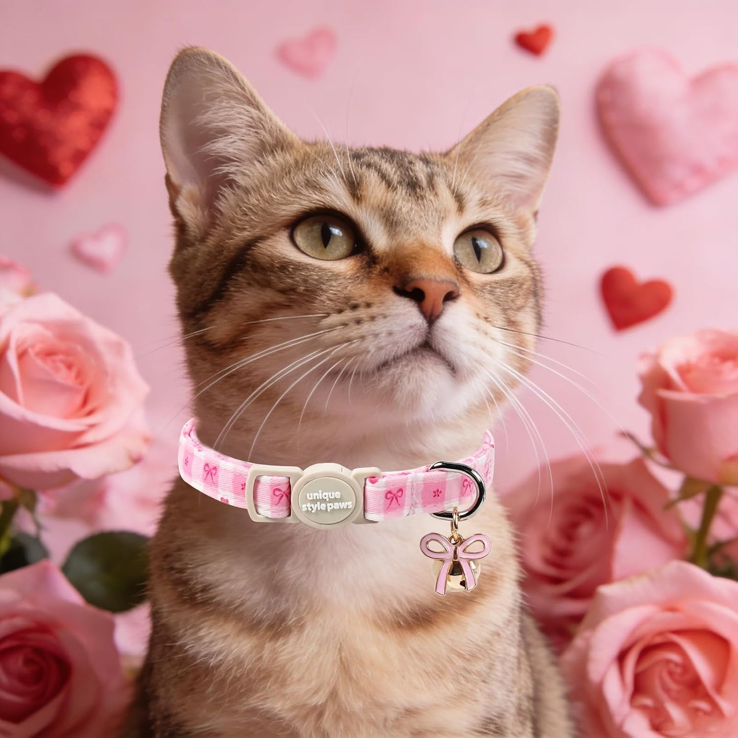Unique Style Paws beige heart kitten collar showcasing the durable metal D-ring attachment for charms and identification tags.
