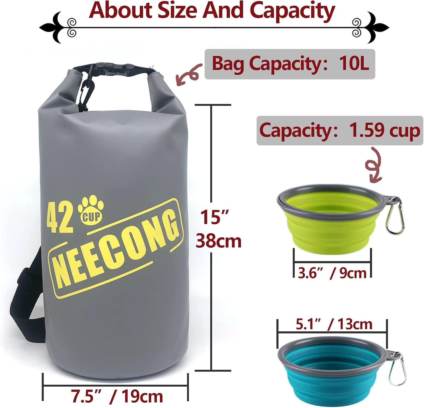 NEECONG 10L dry bag packed with dry dog food for outdoor camping and hiking trips