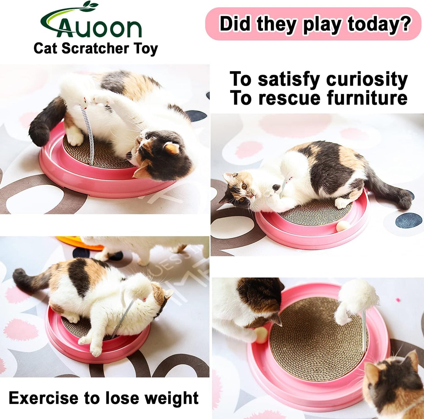 Packaging contents of the AUOON imported 3 in 1 interactive cat scratcher system.
