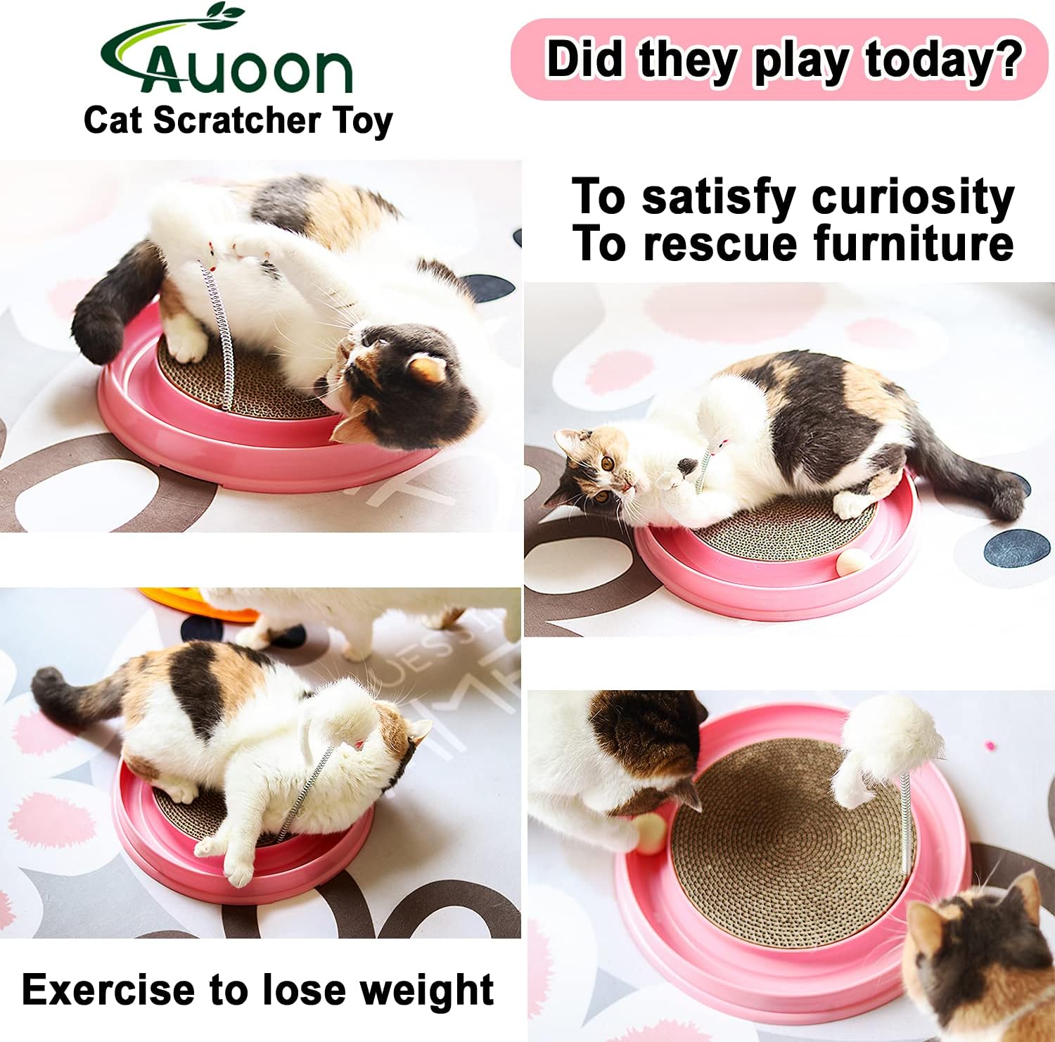 Packaging contents of the AUOON imported 3 in 1 interactive cat scratcher system.
