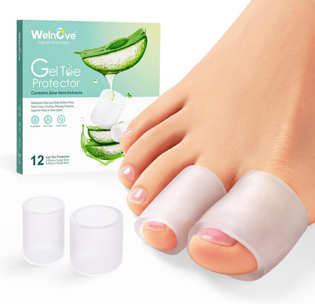 Welnove Toe Protectors front view of 12 pack packaging for foot pain relief.