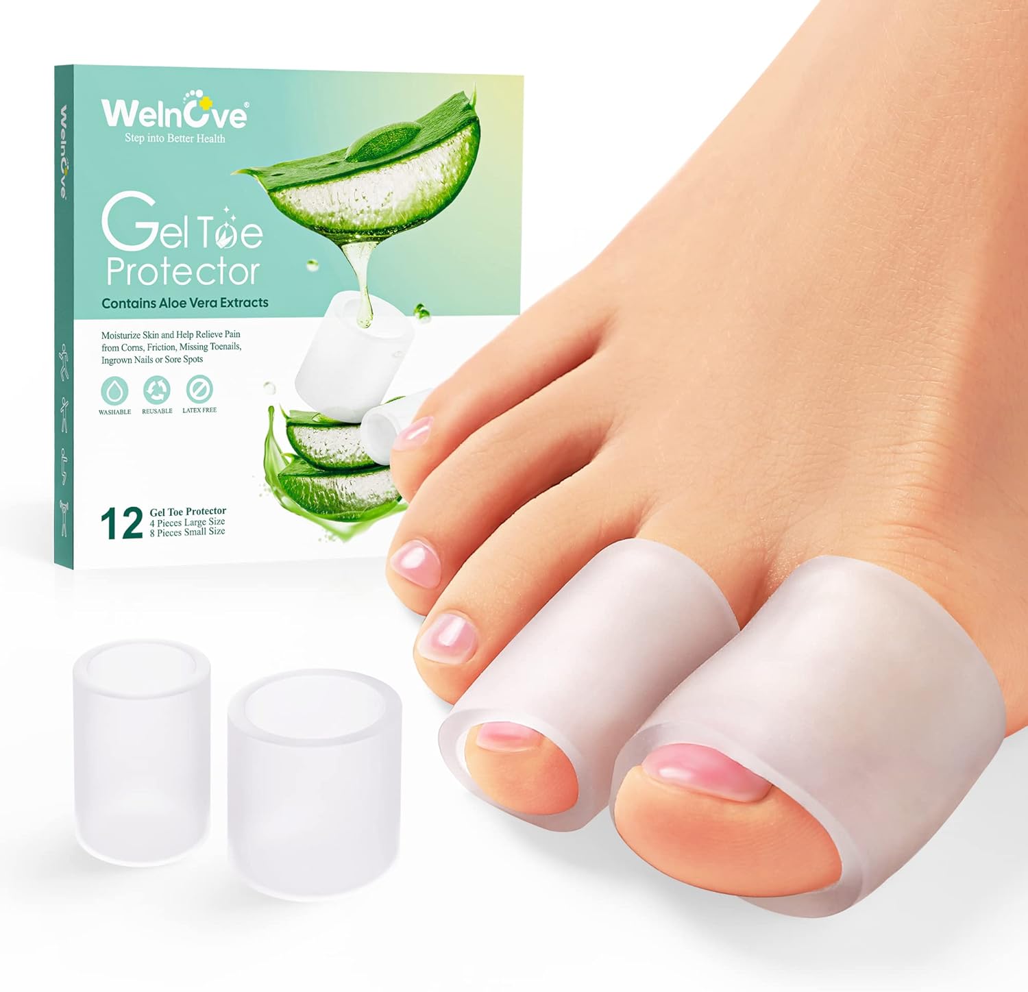 Welnove Toe Protectors front view of 12 pack packaging for foot pain relief.