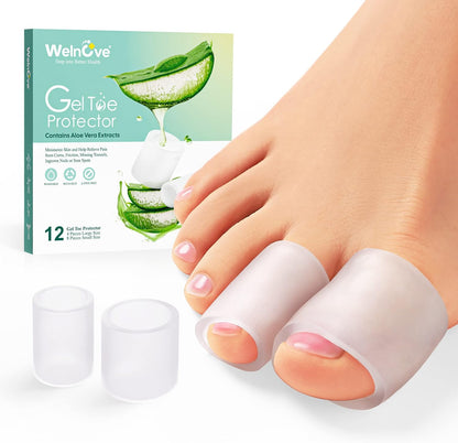 Welnove Toe Protectors front view of 12 pack packaging for foot pain relief.